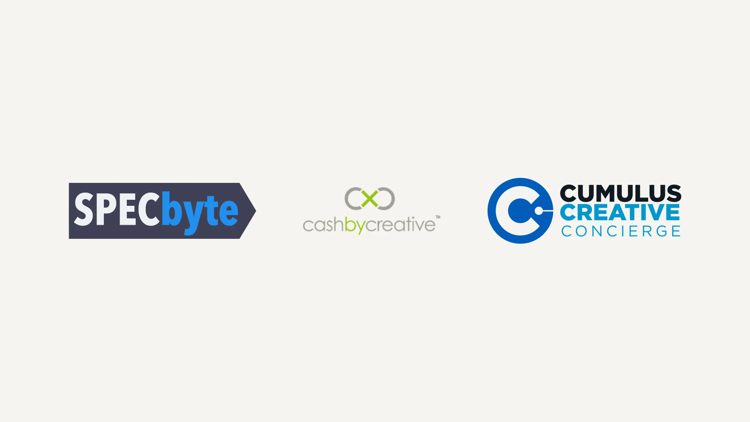 Logos of the three products on the shared platform: SPECbyte, CashByCreative, and Cumulus Creative Concierge