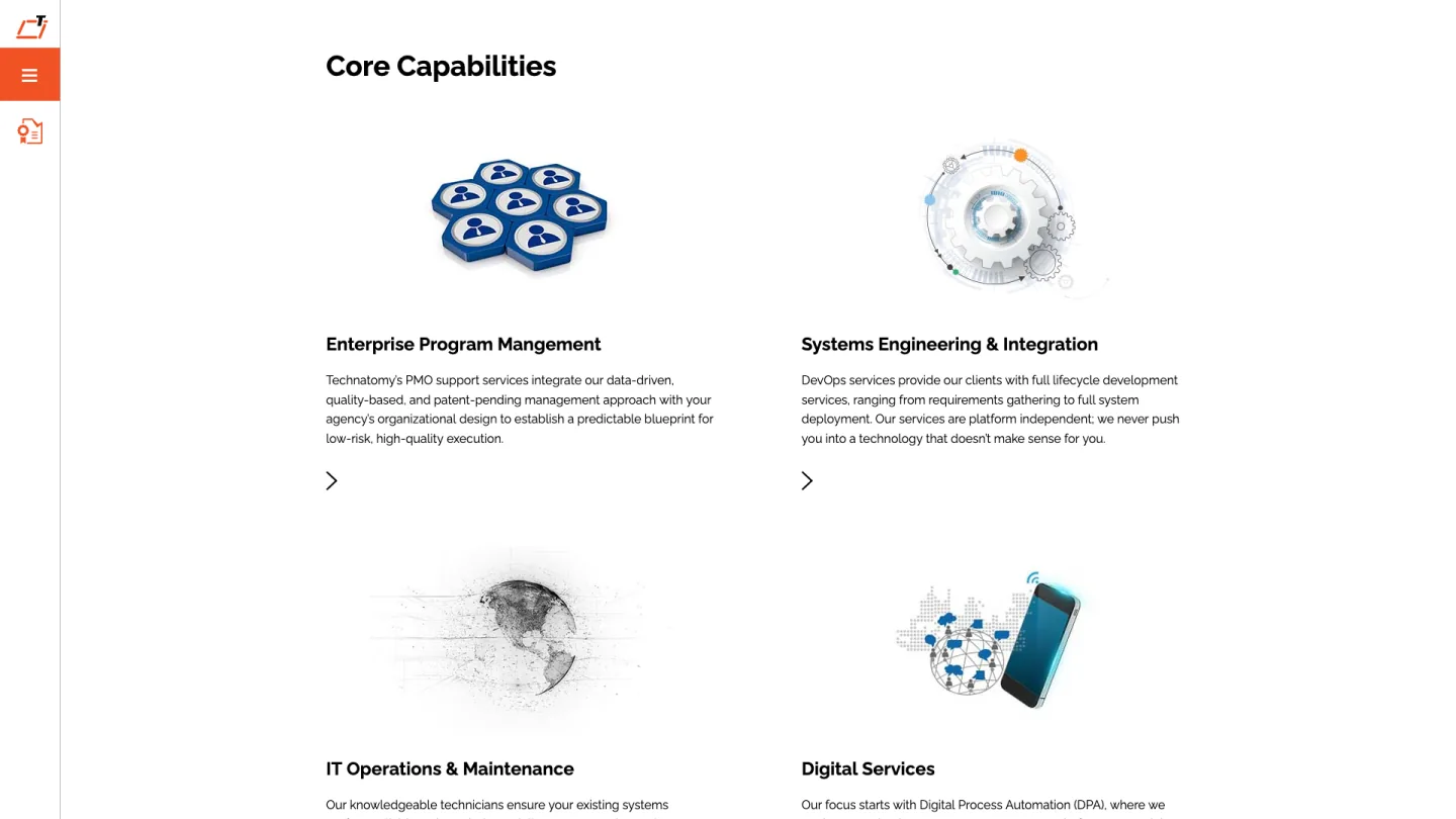 Previous Technatomy Core Capabilities page with four icon-led service descriptions