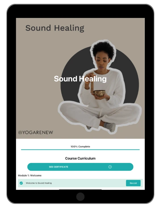 YogaRenew course on a tablet showing 100% completion, the course curriculum, and a See Certificate button